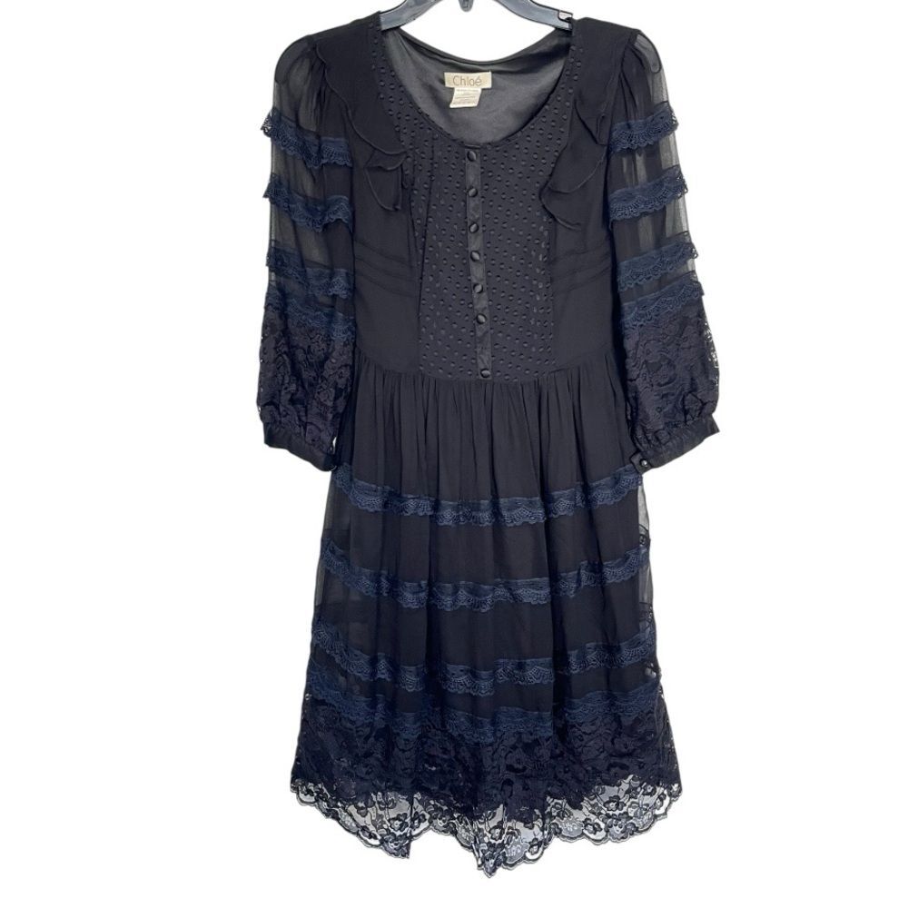 Chloé | Black Lace Silk Midi Long Sleeve Dress S